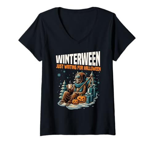 Damen Winterween Ich warte nur auf Halloween-Weihnachten Lustig T-Shirt mit V-Ausschnitt von Winterween Winter Holiday Halloween Christmas Gift