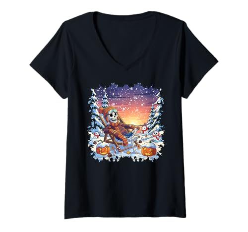 Damen Winterween Skelett Kürbis Weihnachten Winter Halloween T-Shirt mit V-Ausschnitt Damen Winterween Skelett Kürbis Weihnachten Winter Halloween T-Shirt mit V-Ausschnitt von Winterween Winter Holiday Halloween Christmas Gift