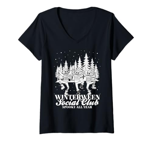 Damen Winterween Social Club Gruseliges Ganzjahres-Halloween-Schnee-Winter T-Shirt mit V-Ausschnitt von Winterween Winter Holiday Halloween Christmas Gift
