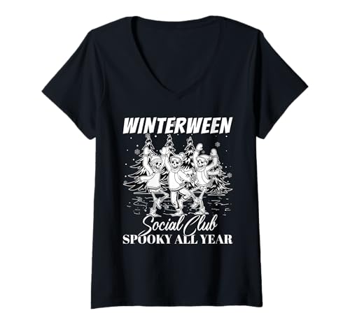 Damen Winterween Social Club Gruseliges Ganzjahres-Halloween-Winter T-Shirt mit V-Ausschnitt Damen Winterween Social Club Gruseliges Ganzjahres-Halloween-Winter T-Shirt mit V-Ausschnitt von Winterween Winter Holiday Halloween Christmas Gift