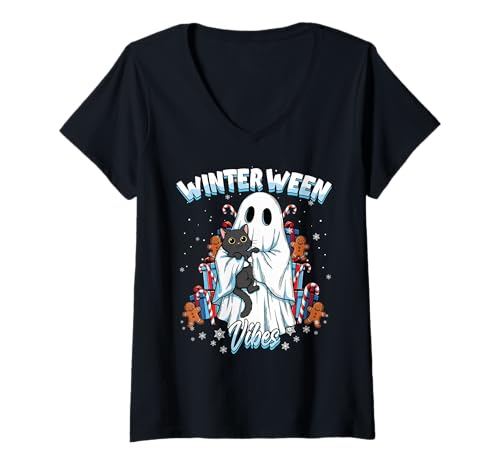 Damen Winterween Vibes Gruseliger Geist für Winter, Halloween, Weihnachten T-Shirt mit V-Ausschnitt Damen Winterween Vibes Gruseliger Geist für Winter, Halloween, Weihnachten T-Shirt mit V-Ausschnitt von Winterween Winter Holiday Halloween Christmas Gift