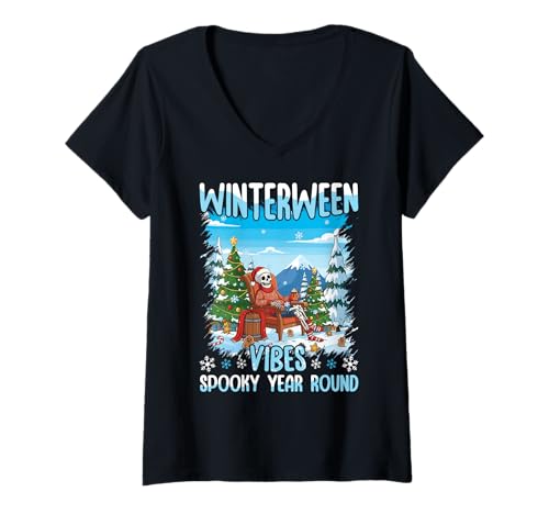 Damen Winterween Vibes Gruseliges Ganzjähriges Halloween Winter Skelett T-Shirt mit V-Ausschnitt von Winterween Winter Holiday Halloween Christmas Gift