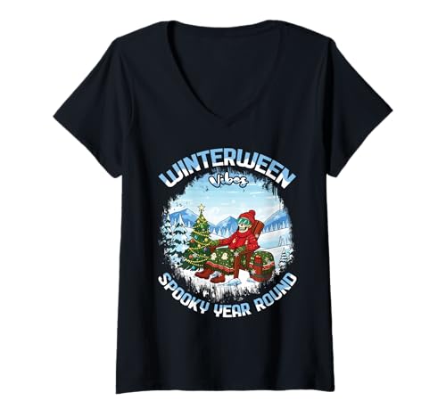Damen Winterween Vibes Gruseliges Ganzjahr, Halloween, Winter T-Shirt mit V-Ausschnitt von Winterween Winter Holiday Halloween Christmas Gift