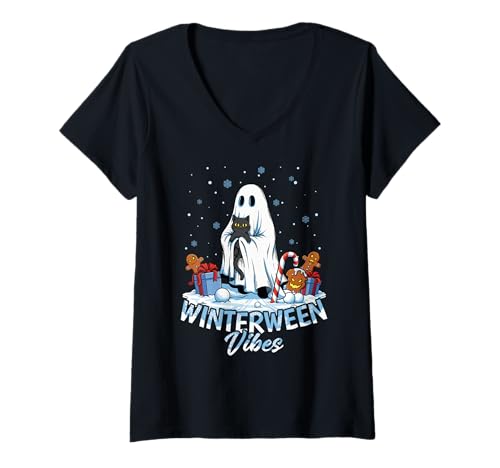 Damen Winterween Vibes Gruseliges Weihnachtsfest, Winter, Halloween T-Shirt mit V-Ausschnitt von Winterween Winter Holiday Halloween Christmas Gift