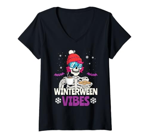 Damen Winterween Vibes Winter Halloween Weihnachten Lustiges Skelett T-Shirt mit V-Ausschnitt von Winterween Winter Holiday Halloween Christmas Gift