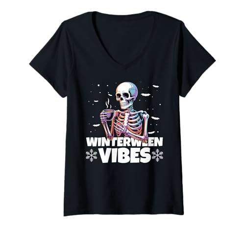 Damen Winterween Vibes Winter Halloween Weihnachten Skelett T-Shirt mit V-Ausschnitt von Winterween Winter Holiday Halloween Christmas Gift