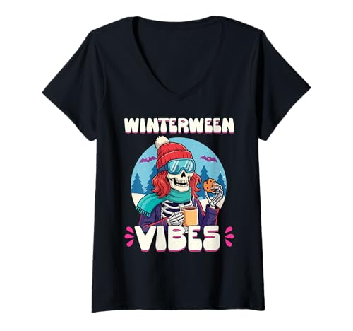 Damen Winterween Vibes Winter-Halloween-Weihnachtsplätzchen T-Shirt mit V-Ausschnitt von Winterween Winter Holiday Halloween Christmas Gift