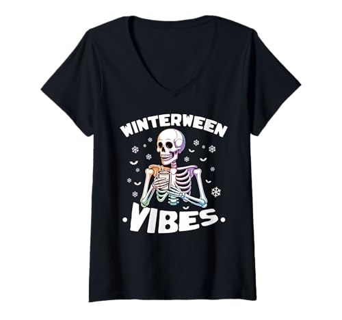 Damen Winterween Weihnachten Skelett Winter Halloween T-Shirt mit V-Ausschnitt von Winterween Winter Holiday Halloween Christmas Gift