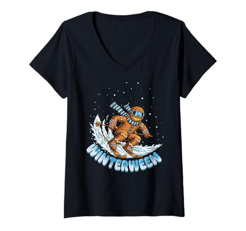Damen Winterween Winter Halloween Skelett Kürbis Skifahren Ski T-Shirt mit V-Ausschnitt von Winterween Winter Holiday Halloween Christmas Gift