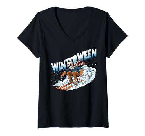Damen Winterween Winter Halloween Skelett Skifahren T-Shirt mit V-Ausschnitt von Winterween Winter Holiday Halloween Christmas Gift