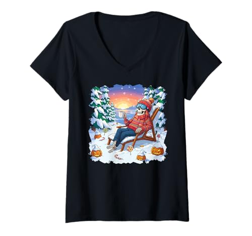 Damen Winterween Winter Halloween Skelett und Kürbis Weihnachten T-Shirt mit V-Ausschnitt von Winterween Winter Holiday Halloween Christmas Gift