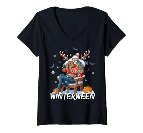 Damen Winterween Winter Halloween Weihnachten Gruselig T-Shirt mit V-Ausschnitt von Winterween Winter Holiday Halloween Christmas Gift