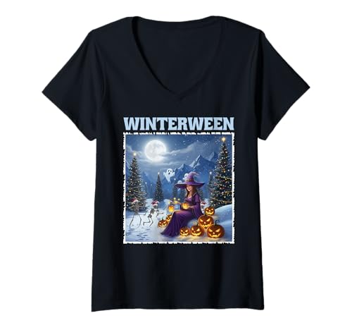 Damen Winterween Winter Halloween Weihnachten Hexe T-Shirt mit V-Ausschnitt Damen Winterween Winter Halloween Weihnachten Hexe T-Shirt mit V-Ausschnitt von Winterween Winter Holiday Halloween Christmas Gift