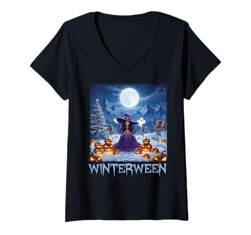 Damen Winterween Winter Halloween Weihnachten Hexe Winterween T-Shirt mit V-Ausschnitt von Winterween Winter Holiday Halloween Christmas Gift