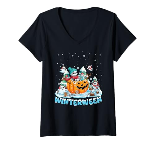 Damen Winterween Winter Halloween Weihnachten Skelett Reiten Schlitten T-Shirt mit V-Ausschnitt von Winterween Winter Holiday Halloween Christmas Gift