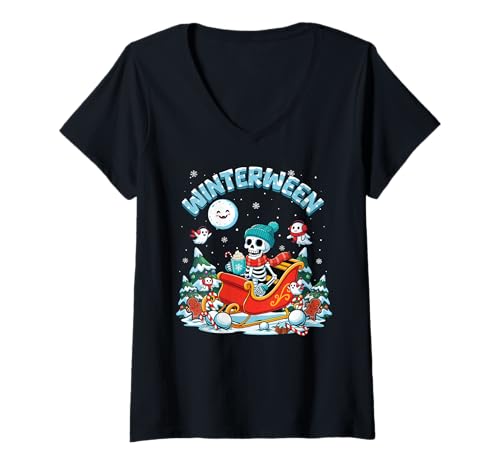 Damen Winterween Winter Halloween Weihnachten Skelett Schlitten T-Shirt mit V-Ausschnitt von Winterween Winter Holiday Halloween Christmas Gift