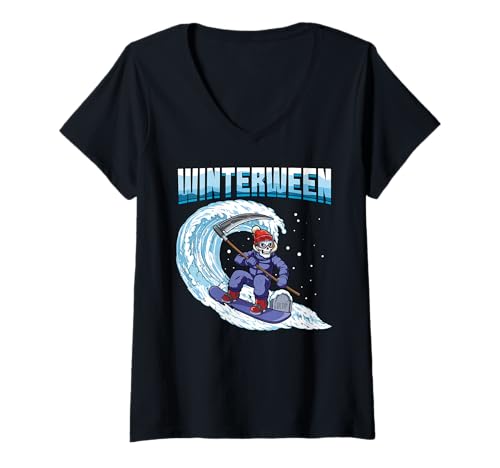 Damen Winterween Winter Halloween Weihnachten Skelett Snowboarden T-Shirt mit V-Ausschnitt von Winterween Winter Holiday Halloween Christmas Gift