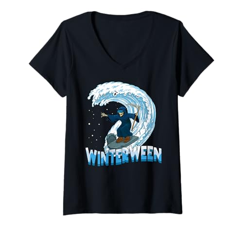 Damen Winterween Winter Halloween Weihnachten Skelett Snowboarden T-Shirt mit V-Ausschnitt von Winterween Winter Holiday Halloween Christmas Gift