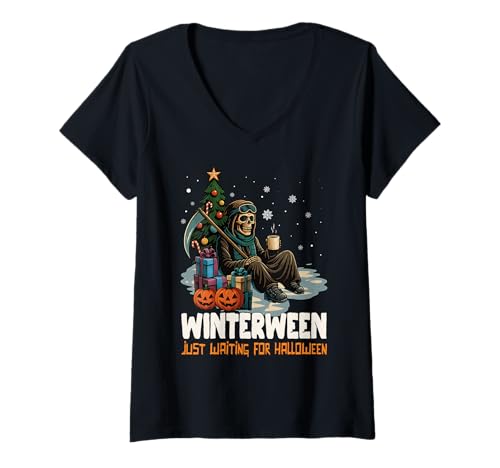 Damen Winterween wartet nur auf Halloween-Weihnachts-Skelett T-Shirt mit V-Ausschnitt von Winterween Winter Holiday Halloween Christmas Gift