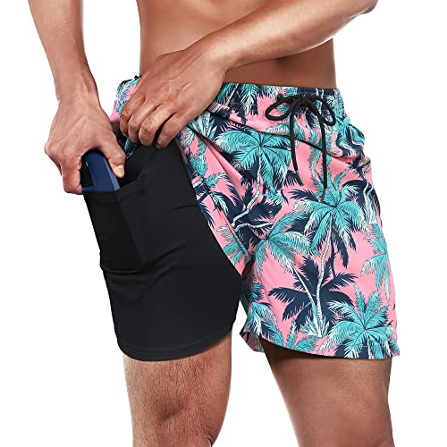 Winthome Badehose Herren Bequem Weich, Badeshorts Schnelltrocknend, Jogginghose Herren Kurz mit Reisverschlusstasche, Bademode mit Kompression Liner, Boardshorts Elastischen Bund (Kokosnusshain, XL) von Winthome