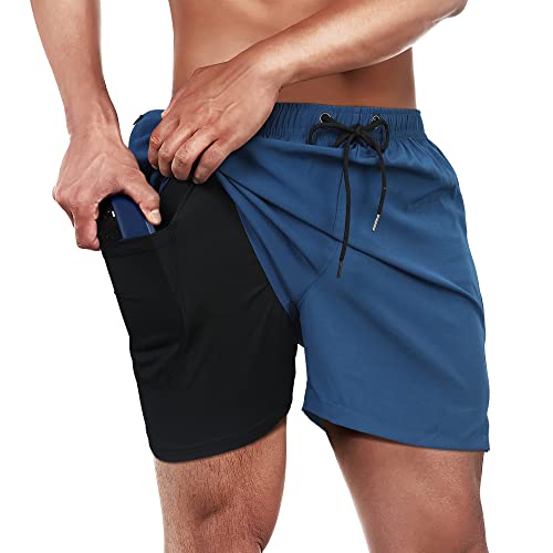 Winthome Badehose Herren Bequem Weich, Badeshorts Schnelltrocknend, Jogginghose Herren Kurz mit Reisverschlusstasche, Bademode mit Kompression Liner, Boardshorts Männer Elastischen Bund (Blau, L) von Winthome