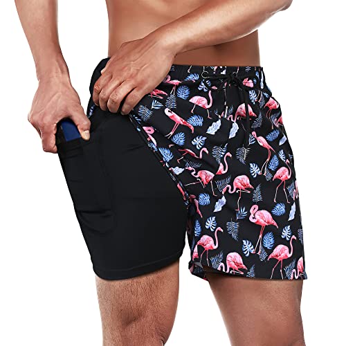 Winthome Badehose Herren Bequem Weich, Badeshorts Schnelltrocknend, Jogginghose Herren Kurz mit Reisverschlusstasche, Bademode mit Kompression Liner, Boardshorts Männer Elastischen Bund (Flamingo, L) von Winthome