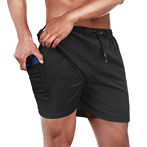 Winthome Badehose Herren Bequem Weich, Badeshorts Schnelltrocknend, Jogginghose Herren Kurz mit Reisverschlusstasche, Bademode mit Kompression Liner, Boardshorts Männer Elastischen Bund (Schwarz, XXL) von Winthome