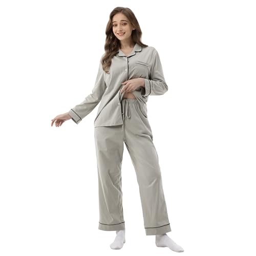 Winthome Schlafanzug Damen Langarm 100% Baumwolle, Pyjama Set Weich Bequem, Nachtwäsche Zweiteilig Mit der Knopf, Elegant NachtwäSche Schlafshirt (Grau, L) von Winthome