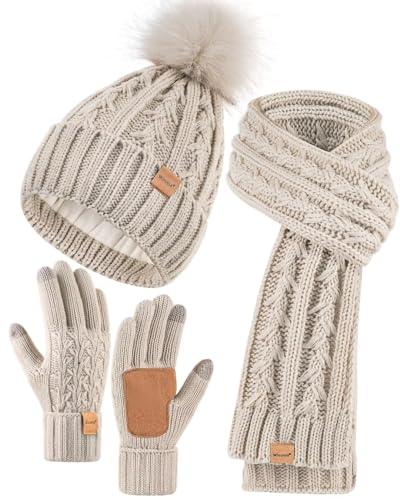 Damen-Winter-Set mit Mütze, langem Schal und Handschuhen, Fleece-gefütterte Wintermütze mit Bommel, langer Strickschal, Touchscreen-Handschuhe für kaltes Wetter, Haferflocken (Oatmeal), Einheitsgröße von Winuesa