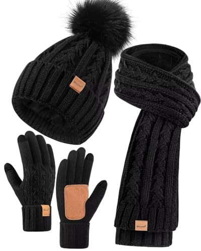 Damen-Winter-Set mit Mütze, langem Schal und Handschuhen, Fleece-gefütterte Wintermütze mit Bommel, langer Strickschal, Touchscreen-Handschuhe für kaltes Wetter, Schwarz, Einheitsgröße von Winuesa