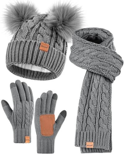 Winuesa Mütze, Schal & Handschuh-Sets für Damen, Beanie Mütze Damen Winter mit Bommel Fleece Gefütterte, Touchscreen Handschuhe Schal Cap 3 in 1 Geschenk Set(Grau) von Winuesa
