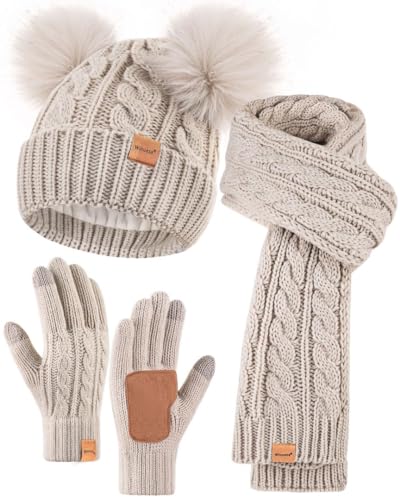 Winuesa Mütze, Schal & Handschuh-Sets für Damen, Beanie Mütze Damen Winter mit Bommel Fleece Gefütterte, Touchscreen Handschuhe Schal 3 in 1 Geschenk Set(Haferflocken) von Winuesa