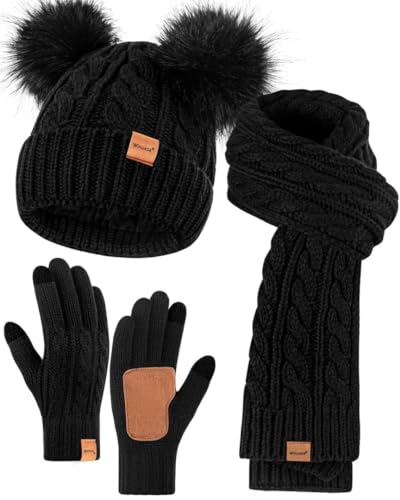 Winuesa Mütze, Schal & Handschuh-Sets für Damen, Beanie Mütze Damen Winter mit Bommel Fleece Gefütterte, Touchscreen Handschuhe Schal Mütze Damen 3 in 1 Geschenk Set(Schwarz) von Winuesa