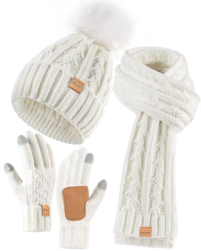 Winuesa Mütze, Schal & Handschuh-Sets für Damen, Beanie Mütze Damen Winter mit Bommel Fleece Gefütterte, Touchscreen Handschuhe Schal Wärmer 3 in 1 Geschenk Set(Weiß) von Winuesa