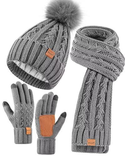 Winuesa Mütze, Schal & Handschuh-Sets für Damen, Beanie Mütze Damen Winter mit Bommel Fleece Gefütterte, Touchscreen Handschuhe Schal Wärmer Mütze Damen 3 in 1 Set(Grau) von Winuesa