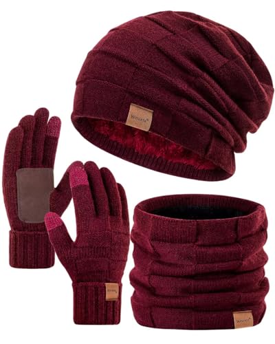 Winuesa Mütze, Schal & Handschuh-Sets für Damen Herren, Slouchy Beanie Mütze Herren Winter Strickmütze Touchscreen Handschuhe Schal Halswärmer Schlauchschal set(Burgund) von Winuesa