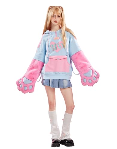 Winx Club Damen-Kapuzenpullover mit abnehmbaren pelzigen Katzenpfoten-Handschuhen und Handtasche, Doppelzweck-Ärmel, Blau/Pink, Large von Winx Club