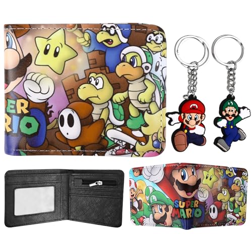 Wirhaut Geldtasche Kinder, Super Bros Geldbörse mit Schlüsselanhänger Anime Zeichentrick Cartoon Kinder Leder Geldbörse Bi-Fold Gel1dbörse Geburtstagsgeschenk für Cartoon Fans Jungen von Wirhaut