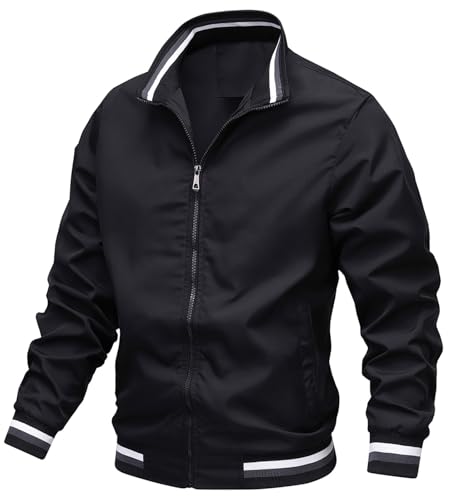 Dünne Bomberjacke für Herren, Outdoor, leichte Wanderjacke, lässiger Windbreaker, Mäntel mit Reißverschlusstaschen, Schwarz , XXL von Wirltte
