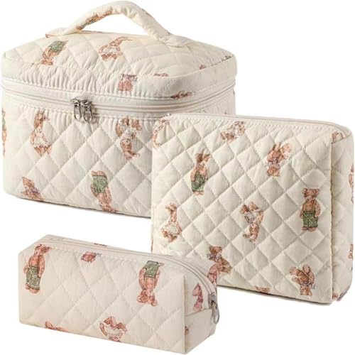 Wisafory 3-teiliges Set Kosmetiktasche Blumenmuster Kulturtasche Baumwolle Gesteppte Kulturtasche Reise Waschtasche Schminktasche Make up Bag Cosmetic Bag für Frauen Mädchen Bär von Wisafory