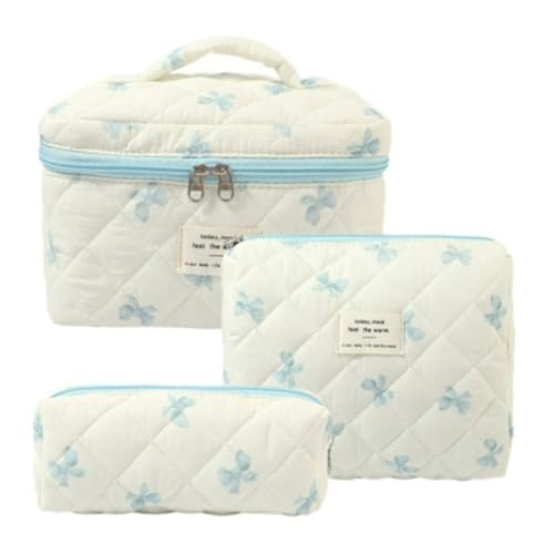 Wisafory 3-teiliges Set Kosmetiktasche Blumenmuster Kulturtasche Baumwolle Gesteppte Kulturtasche Reise Waschtasche Schminktasche Make up Bag Cosmetic Bag für Frauen Mädchen Blaues Band von Wisafory