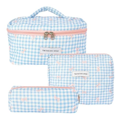 Wisafory 3-teiliges Set Kosmetiktasche Blumenmuster Kulturtasche Baumwolle Gesteppte Kulturtasche Reise Waschtasche Schminktasche Make up Bag Cosmetic Bag für Frauen Mädchen Blaues Gitternetz von Wisafory