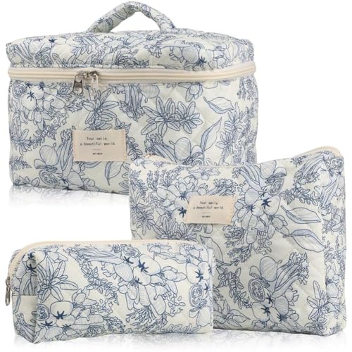 Wisafory 3-teiliges Set Kosmetiktasche Blumenmuster Kulturtasche Baumwolle Gesteppte Kulturtasche Reise Waschtasche Schminktasche Make up Bag Cosmetic Bag für Frauen Mädchen Dunkelblaue Blumen von Wisafory