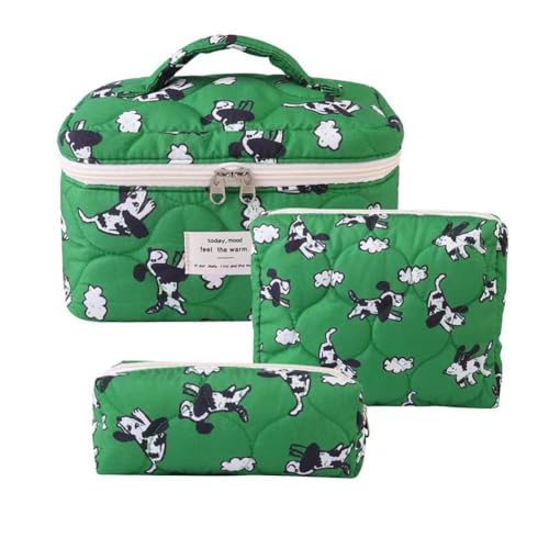 Wisafory 3-teiliges Set Kosmetiktasche Blumenmuster Kulturtasche Baumwolle Gesteppte Kulturtasche Reise Waschtasche Schminktasche Make up Bag Cosmetic Bag für Frauen Mädchen Grüner Hund von Wisafory