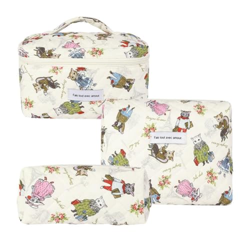 Wisafory 3-teiliges Set Kosmetiktasche Blumenmuster Kulturtasche Baumwolle Gesteppte Kulturtasche Reise Waschtasche Schminktasche Make up Bag Cosmetic Bag für Frauen Mädchen Katzen von Wisafory