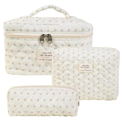 Wisafory 3-teiliges Set Kosmetiktasche Blumenmuster Kulturtasche Baumwolle Gesteppte Kulturtasche Reise Waschtasche Schminktasche Make up Bag Cosmetic Bag für Frauen Mädchen Kleine Biene von Wisafory