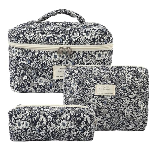 Wisafory 3-teiliges Set Kosmetiktasche Blumenmuster Kulturtasche Baumwolle Gesteppte Kulturtasche Reise Waschtasche Schminktasche Make up Bag Cosmetic Bag für Frauen Mädchen Schwarze Rosen von Wisafory