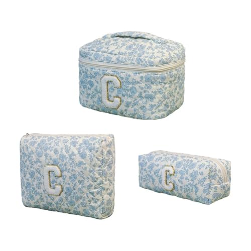 Wisafory 3-teiliges Set Kosmetiktasche Blumenmuster Kulturtasche Baumwolle Gesteppte Kulturtasche Reise Waschtasche Schminktasche Make up Bag Cosmetic Bag für Frauen Mädchen Weiß Blaue Blume C von Wisafory