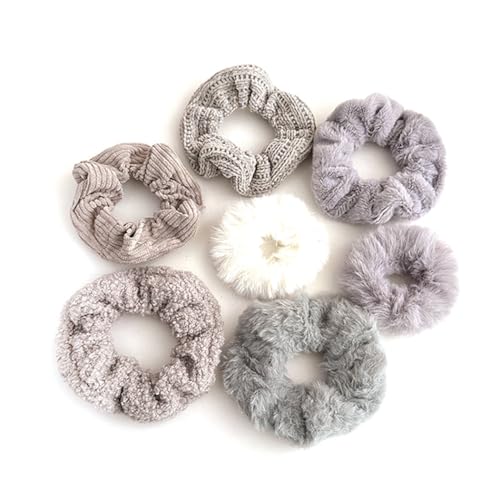 Wisafory 7 Stück Haargummis Scrunchies Set Plüsch Haar Ringe Zopfgummi Elastisches Haarband Pelziges Haarseil Haargummiband Pferdeschwanzhalter Haarschmuck für Frauen Mädchen Grau Set von Wisafory