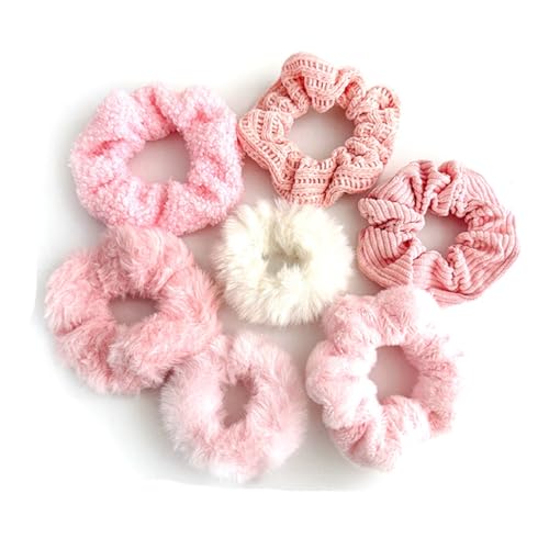 Wisafory 7 Stück Haargummis Scrunchies Set Plüsch Haar Ringe Zopfgummi Elastisches Haarband Pelziges Haarseil Haargummiband Pferdeschwanzhalter Haarschmuck für Frauen Mädchen Rosa Set von Wisafory